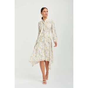 Mima Rosso MR-21 Floral Tie Neck Handkerchief Hem Midi Dress White Yellow XL NEW